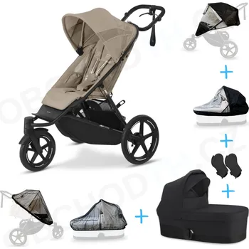 Kočárek Set 6v1 Cybex Avi Spin Almond Beige + korbička Cot S Moon Black + adaptéry + pláštěnky Thule + ochranná síť
