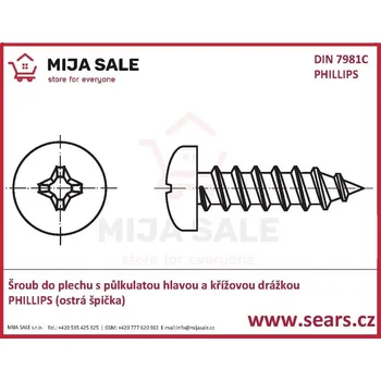 Šroub DIN 7981C - P 2,9x 8,5 PHILLIPS - zinek- Šroub do plechu s půlk.hlav.a kříž.dr. ostrá špi