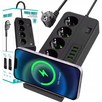 Napájecí kabel Zásuvková Lišta Prodlužovací Kabel 4x USB 2x USB-C 4x EU zásuvka Nabíjení Qi 3 m