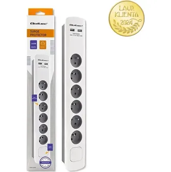 Přepěťová ochrana *Qoltec 50294 Prodlužovací kabel Qoltec s ochranou proti přepětí | 6 zásuvek | 2x USB | 1,8 m | Bílá a šedá (Přepěťové ochrany Qoltec zajišťují spolehlivost a bezpečnost používání doma, v kanceláři a kdekoli, kde potřebujete rozšířit svůj přístup k)
