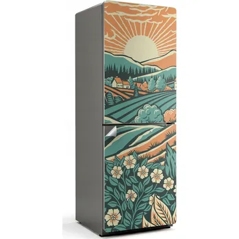 Fototapeta Designová Samolepicí nálepka na ledničku Ilustrace louky východ slunce