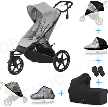 Kočárek Set 6v1 Cybex Avi Spin Fog Grey + korbička Cot S Moon Black + adaptéry + pláštěnky Thule + ochranná síť