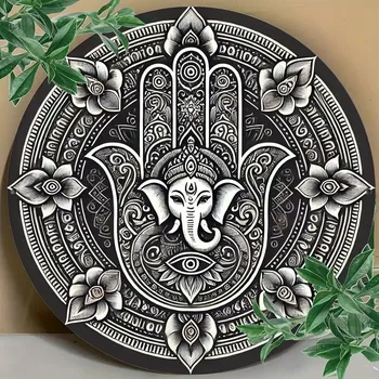 Plechová cedule BAF Kovová kulatá cedule Hamsa Ganeš. Průměr 20 cm