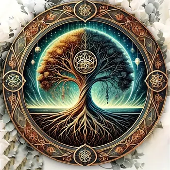 Plechová cedule BAF Kovová kulatá cedule Strom života. Průměr 20 cm