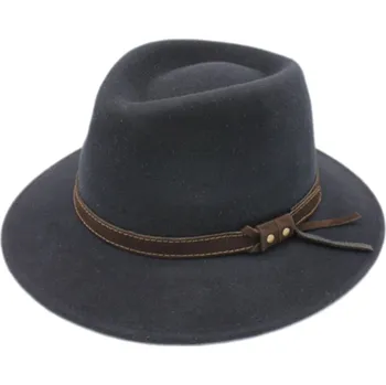 Klobouk Fiebig - Headwear since 1903 Cestovní voděodolný klobouk vlněný od Fiebig - modrý s koženou stuhou - širák Velikost: 55 cm (S)