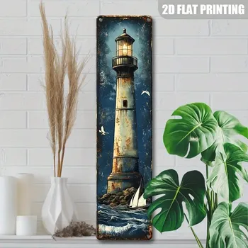 Plechová cedule BAF Kovová cedule Maják v noci 40 x 10 cm