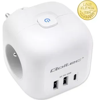 Přepěťová ochrana *Qoltec 52548 Napájecí kostka 6v1 | 3× AC zásuvky + 2× USB + 1× USB-C PD 20W | Bílá (Praktická napájecí kostka Qoltec 6v1 v elegantním bílém provedení je ideální volbou pro moderní domácnost i kancelář. Kombinuje klasické zásuvky s rychlým nabíjením přes)