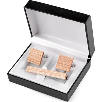 Spona na kravatu Dřevěné manžetové knoflíky a kravatová spona v dárkové krabičce Varianta: 1 přírodní stř., Balení: 1 krab.