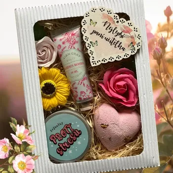 Dárkový potravinový koš Dárkový balíček pro paní učitelku – relaxace a péče proti stresu 