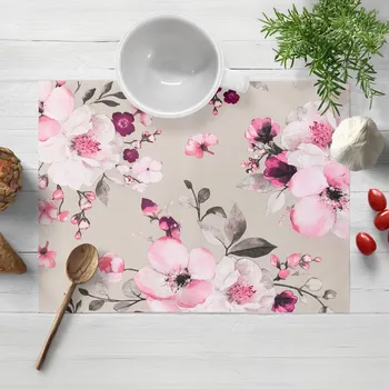 prostírání Bavlněné prostírání na stůl Sandra SA-494 Velké růžové květy na světle šedobéžovém 35x45 cm