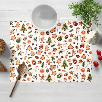 prostírání Vánoční bavlněné prostírání na stůl Sandra SA-516 Vánoční perníčky a ozdoby na bílém 30x40 cm