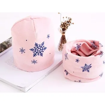 Šála Dětská čepice a nákrčník s vločkami růžová 0-6 měsíců