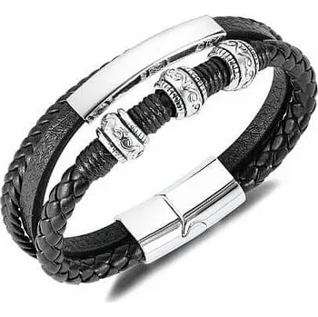 Náramek Nefertitis Pánský trojitý černý kožený náramek Bali nerez ocel dekor obvod cca 19,8 cm