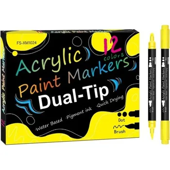 Sada 12 akrylových fixů pro DIY malování Dvojité pero se štětcovou a tečkovací špičkou na kameny dřevo látku keramiku a plátno
