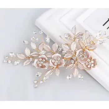 B-TOP Elegantní vlasová spona/ pineta s květy, lístky a krystaly Druh barvy: Zlatá