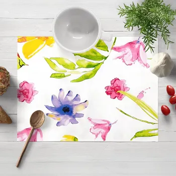 prostírání Bavlněné prostírání na stůl Sandra SA-481 Žluto-růžové akvarelové květy na bílém 30x40 cm