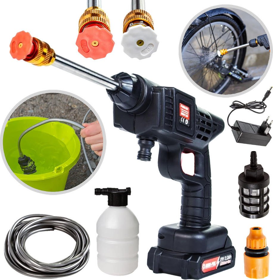 Aku tlaková myčka, baterie Li-ion 21 V, 2.0 Ah, čerpadlo 30 bar - MAR-POL