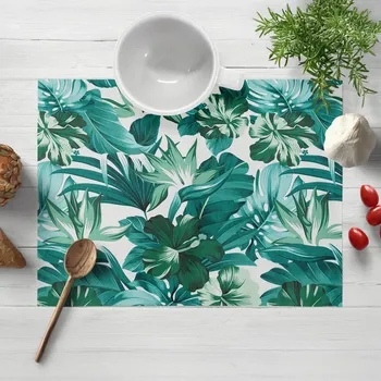 prostírání Bavlněné prostírání na stůl Sandra SA-484 Modro-zelené květy a listy monstery na bílém 30x40 cm