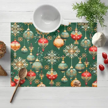 prostírání Bavlněné prostírání na stůl Sandra SA-529 Vánoční baňky na zeleném 30x40 cm