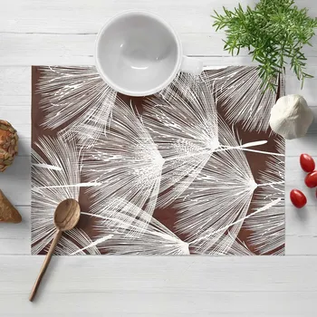 prostírání Bavlněné prostírání na stůl Sandra SA-499 Bílé abstraktní chmýří na hnědém 35x45 cm