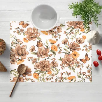 prostírání Bavlněné prostírání na stůl Sandra SA-458 Hnědé květy magnolie s motýlky na bílém 30x40 cm