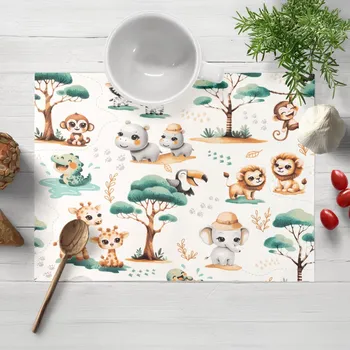 prostírání Dětské bavlněné prostírání na stůl Sandra SA-513 Africká zvířátka na bílém 30x40 cm