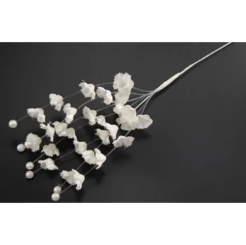 umělá květina Snítka kytiček s perličkou - off white - délka 25 cm