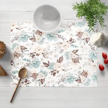 prostírání Bavlněné prostírání na stůl Sandra SA-451 Žluto-hnědo-mintové růže na bílém 35x45 cm