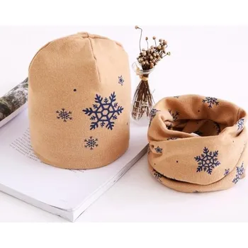 Šála Dětská čepice a nákrčník s vločkami světle hnědá 0-6 měsíců