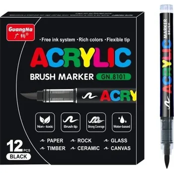 Sada 12 černých akrylových fixů Voděodolná malířská pera se štětcovým hrotem pro kreslení na sklo kámen plast dřevo papír kov