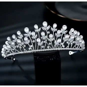 Čelenka B-TOP Luxusní postříbřená korunka s AAA zirkony a bílými perlami White Flowers