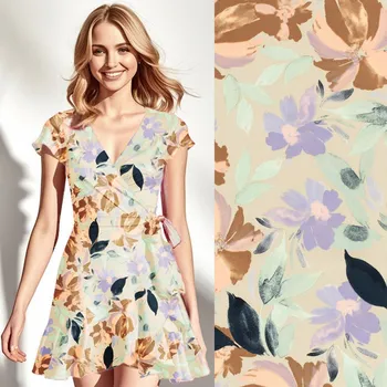 Viskózová látka se saténovým vzhledem s potiskem květin 23087/052