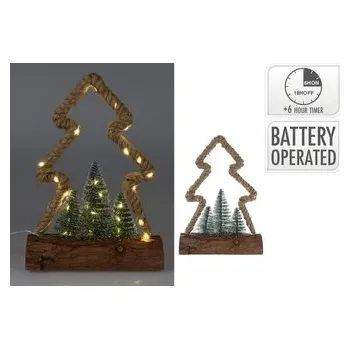 Vánoční dekorace Jutový LED strom na dřevěné podložce 30x23x8,5 cm