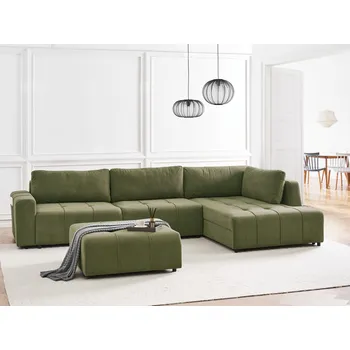 Pohovka 4místná rohová rozkládací pohovka levostranná zelená s úložným prostorem s taburetem hustě polstrovaný nábytek obývací pokoj moderní styl Beliani