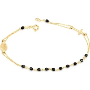 Náramek Dámský zlatý náramek růženec s křížkem, madonkou a černými korálky ZLNA1352F + Dárek zdarma