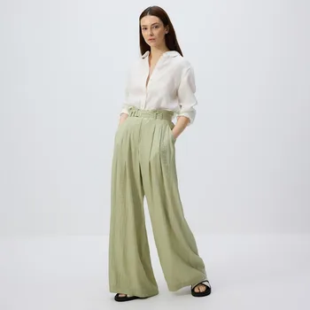 Reserved - Viskózové kalhoty s páskem - bledá zelená - 1080P-07X - 1080P-07X-L