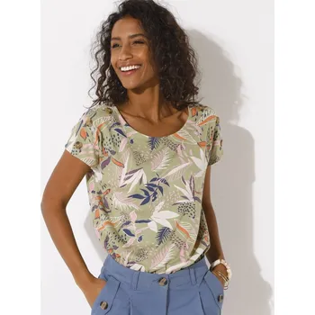 Dámské tričko Tričko s kokosovými knoflíky na ramenou a potiskem khaki/růžová 34/36