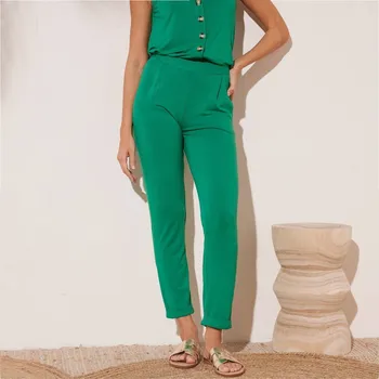 Úzké jednobarevné kalhoty ze vzdušného úpletu zelená 54