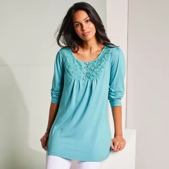 Dámské tričko Dlouhé tričko s macramé a dlouhými rukávy tyrkysová 38/40