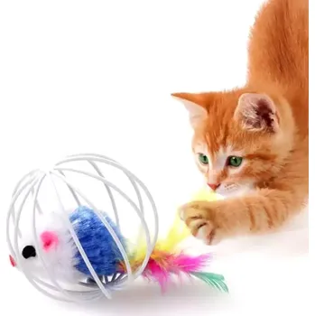Hračka pro kočku Plyšová myš pro kočku v kulaté barevné kleci
