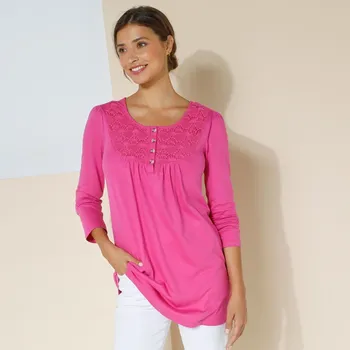 Dámské tričko Dlouhé tričko s macramé a dlouhými rukávy indická růžová 38/40