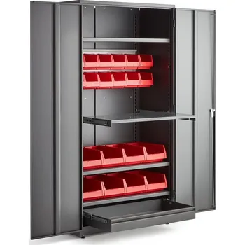 Dílenská skříň Supply, elektronický zámek, 1 výsuvná police, 1 zásuvka, 20 boxů, 1900x1020x500 mm, š