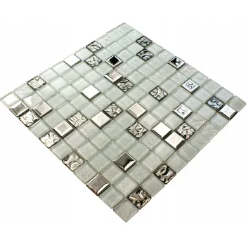 Skleněná mozaika Englass 30 x 30 cm bílá, odstíny šedé a stříbrná