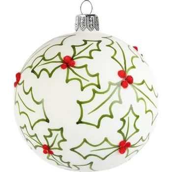 Vánoční ozdoba Baňka bílá s dekorem vánoční cesmíny