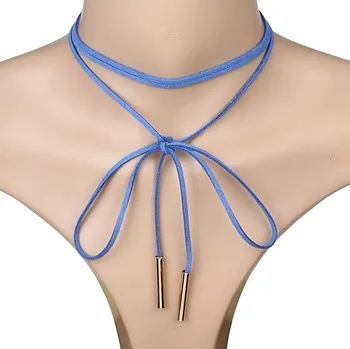 Náhrdelník Flamenco Mystique Modrý kožený choker s vázáním N390N