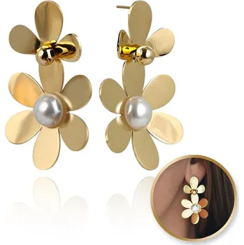 Náušnice Flamenco Mystique Náušnice z ušlechtilé oceli pozlacené 14k zlatem KVĚTY perly KST3381