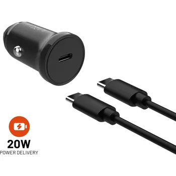 Mobilní telefon Nabíječka do auta FIXED Car s USB-C výstupem a USB-C/USB-C kabelem podpora PD 1 metr 20W černá