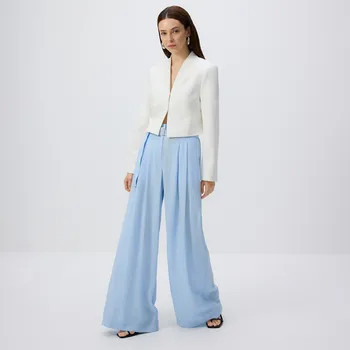 Reserved - Viskózové kalhoty s páskem - bleděmodrá - 1080P-05X - 1080P-05X-XL