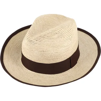 Klobouk Fiebig - Headwear since 1903 Letní slaměný klobouk Fedora s hnědou stuhou - ručně pletený - Ekvádorská panama - Traveller "Crochet" Velikost: 61 cm (XL)