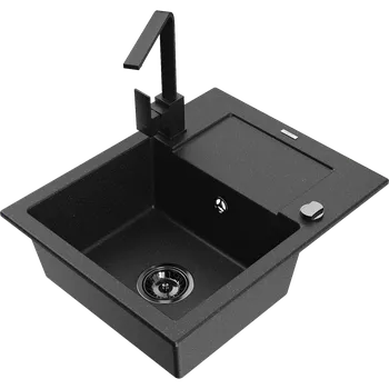 Granitový dřez Mexen Enzo granitový dřez jednokomorový s odkapávačem a kuchyňskou baterií Rita, černý/stříbrný metalík - 6506-73-670300-70-B Granitové dřezy s baterií